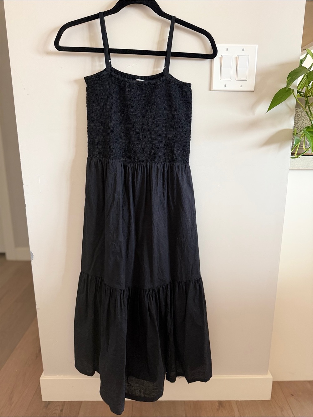 J. Crew Black Smocked Midi 100% Cotton Dress with  Adjustable Spaghetti Straps